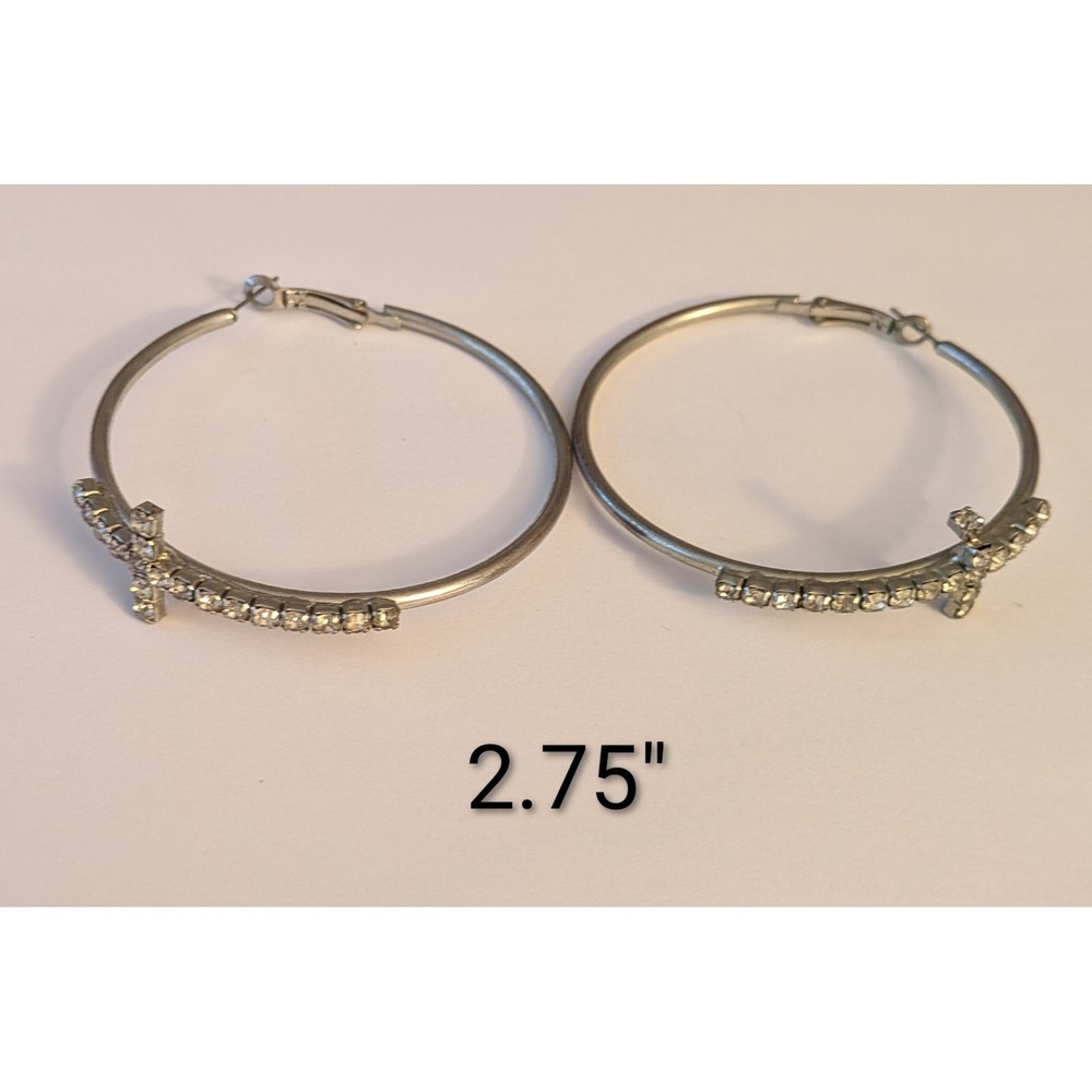 Silver Rhinestone Cross Hoop Earrings Large 2.75‎ Inch Religious Statement